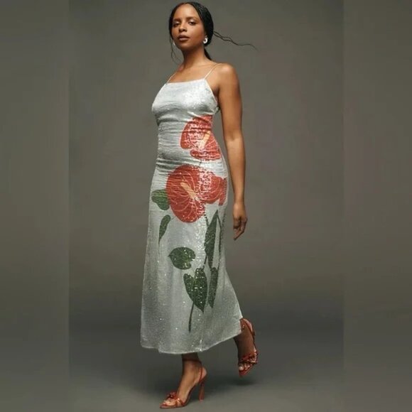 Anthropologie Farm Rio Sequin Blue Anthurium Flowers Midi Slip Dress - Picture 1 of 6